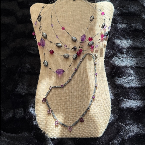 2 Elegant Multi-Strand Necklace with Purples & Pink Silver Beads - Picture 3 of 6